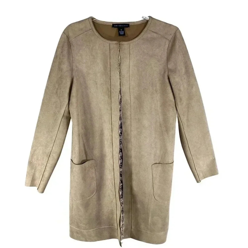Joan Vass Womens M Soft Faux Suede Tan Cardigancamel lace and faux suede lightwe